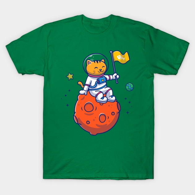 Cute Cat Astronaut Sitting On Moon With Flag Cartoon T-Shirt by Catalyst Labs